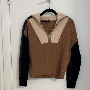 Central Park West Tan and Black Zip-Up Sweater